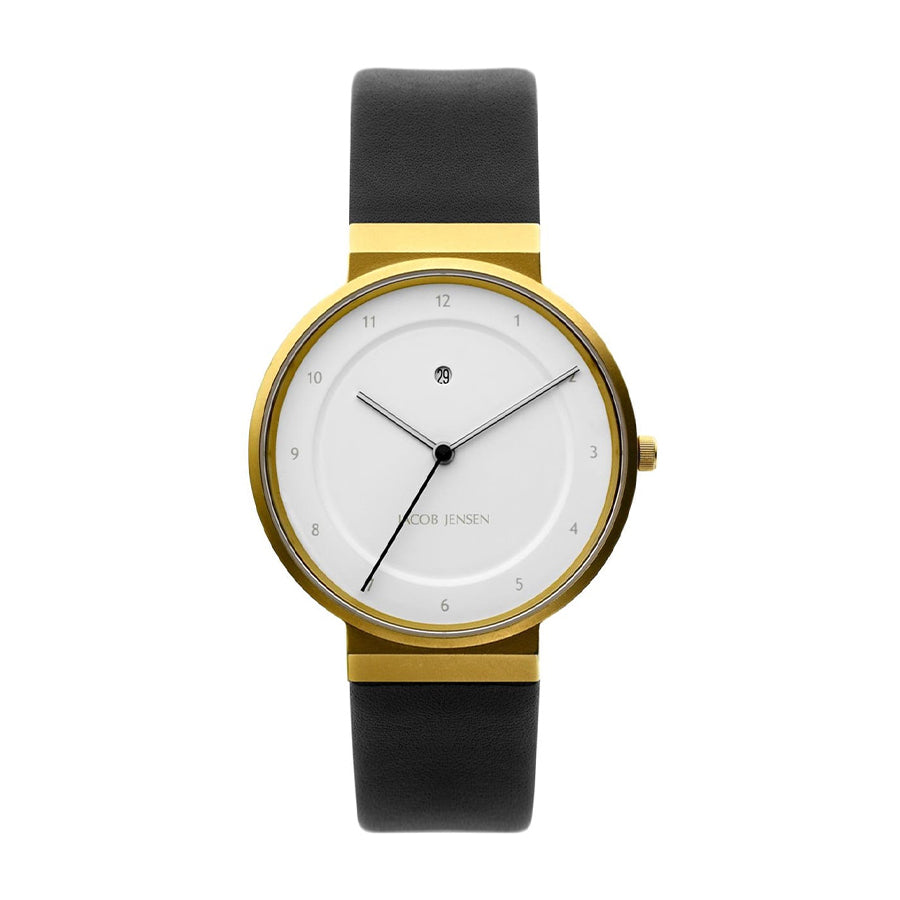 Uhr mit goldfarbenem Gehäuse, weißem Zifferblatt und schwarzem Silikonarmband