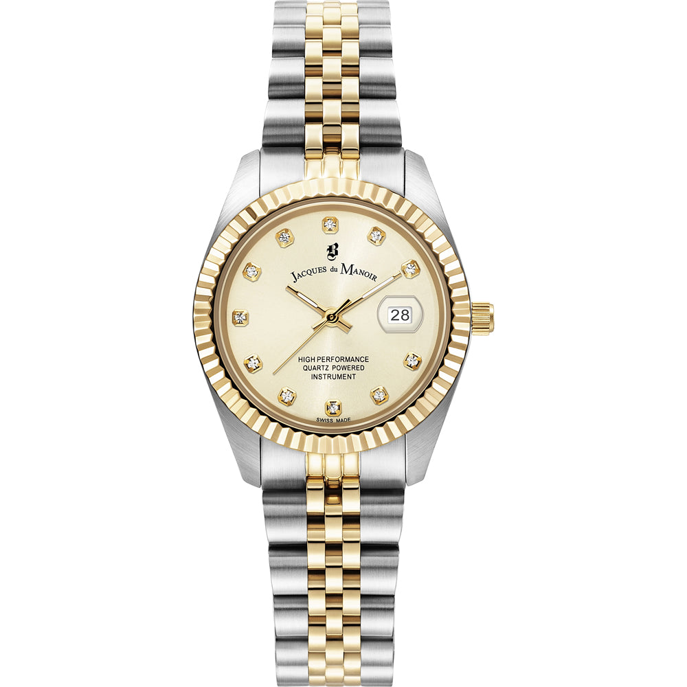 Uhr mit 31 mm Gehäuse, goldfarbener Lünette, beigem Zifferblatt und zweifarbigem Mesh-Armband