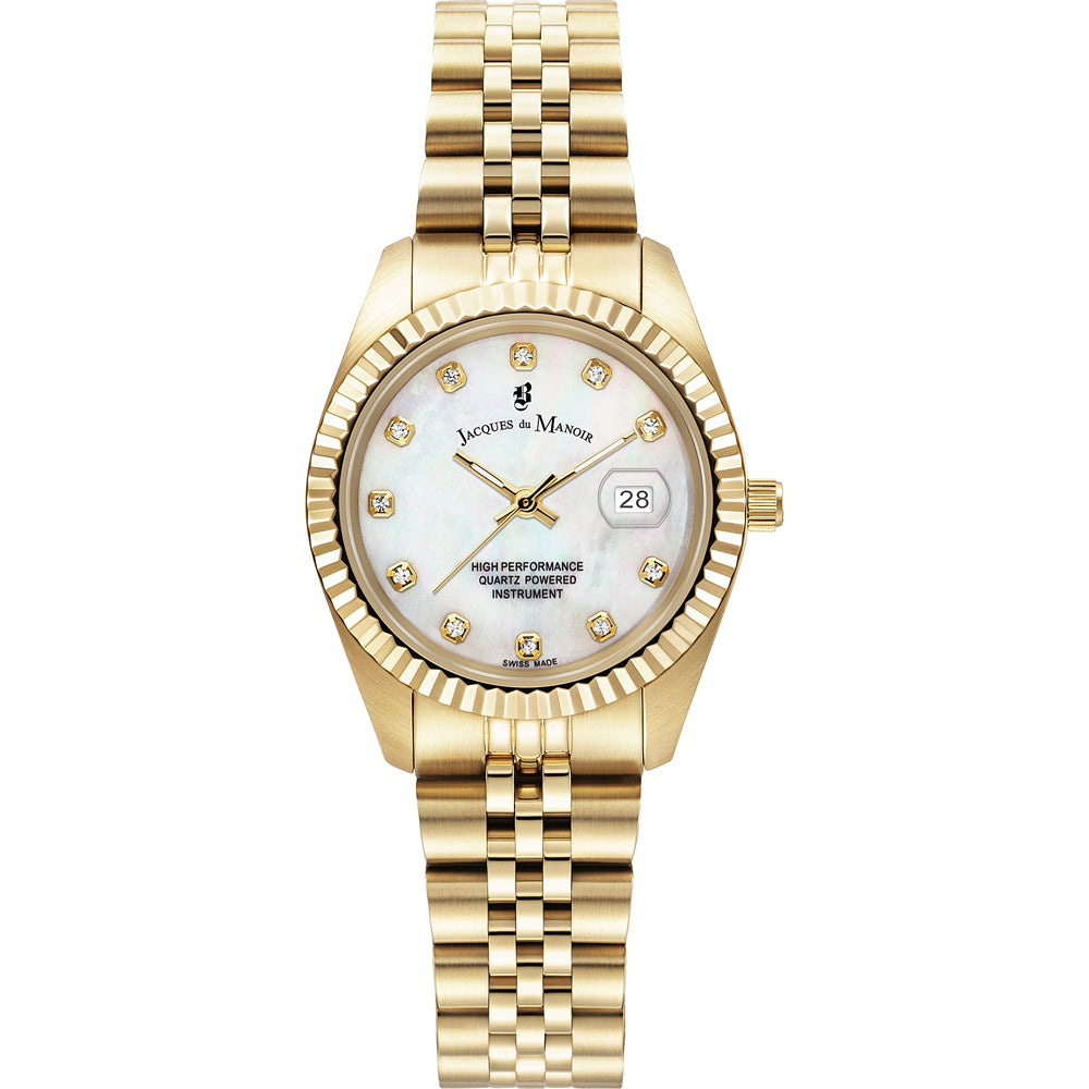 Uhr mit goldfarbenem Gehäuse, weißem Zifferblatt und goldfarbenem Armband aus Gliederkette