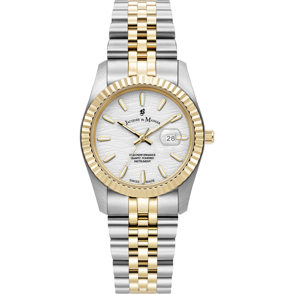 Uhr mit silbernem Gehäuse, goldener Lünette und silbernem Zifferblatt, ausgestattet mit einem zweifarbigen Armband