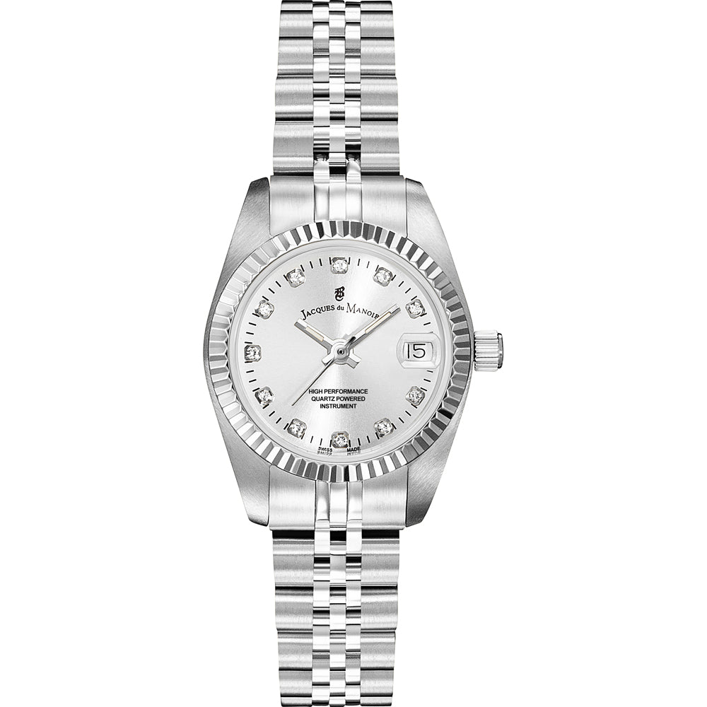 Uhr mit silbernem Gehäuse, silbernem Zifferblatt und Edelstahl-Mesh-Armband