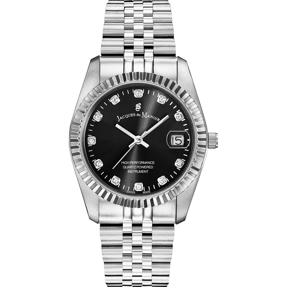 Uhr mit schwarzem Zifferblatt, silbernem Gehäuse und Mesh-Armband, Lünette mit Steinen
