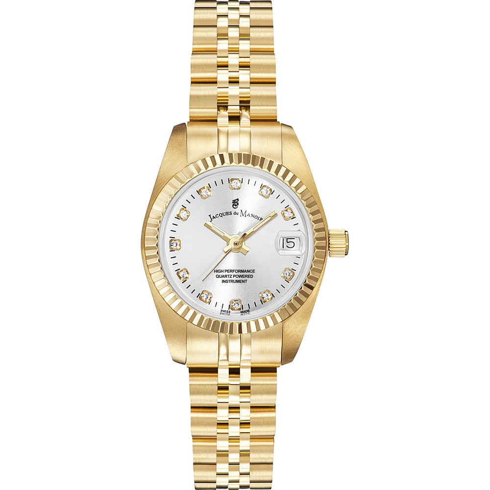 Uhr mit goldenem Gehäuse, silbernem Zifferblatt und goldenem Armband aus Edelstahl