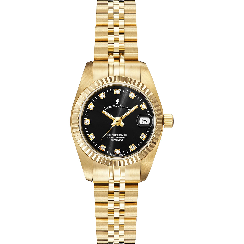 Damenarmbanduhr mit goldenem Gehäuse, schwarzem Zifferblatt und goldfarbenem Armband mit Gliederdesign