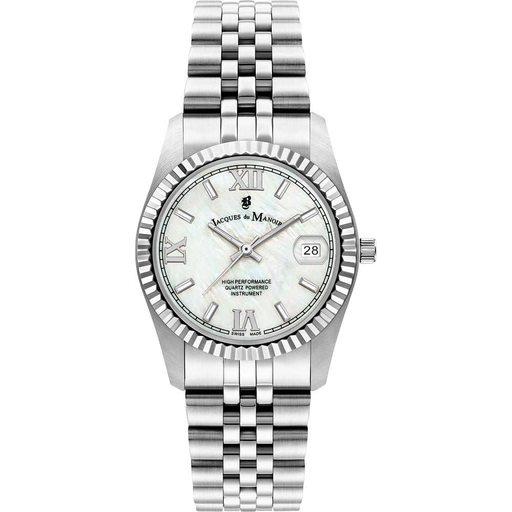 Uhr mit silbernem Gehäuse, weißem Zifferblatt und römischen Ziffern, Armband aus Edelstahl mit Gliederdesign