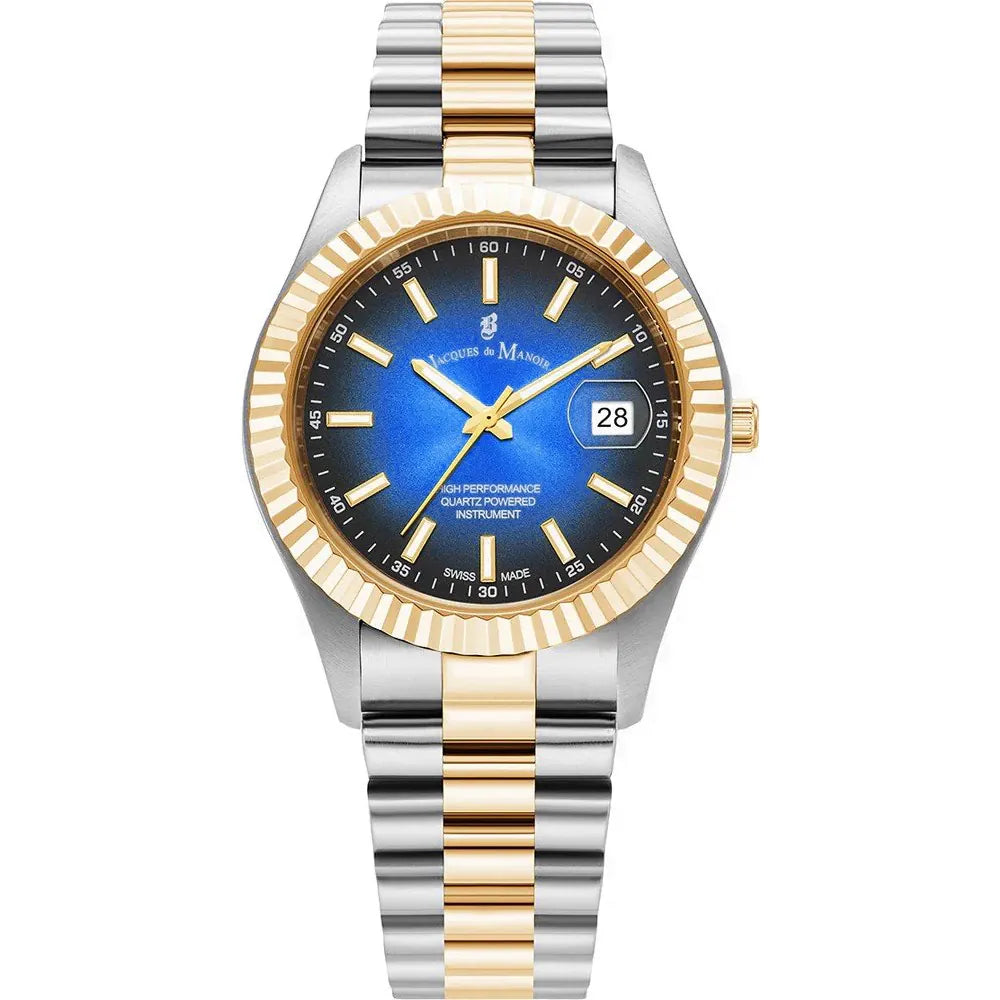 Herrenarmbanduhr mit blauem Zifferblatt, Edelstahl-Gehäuse und goldfarbener Lünette, Edelstahl-Mesh-Armband