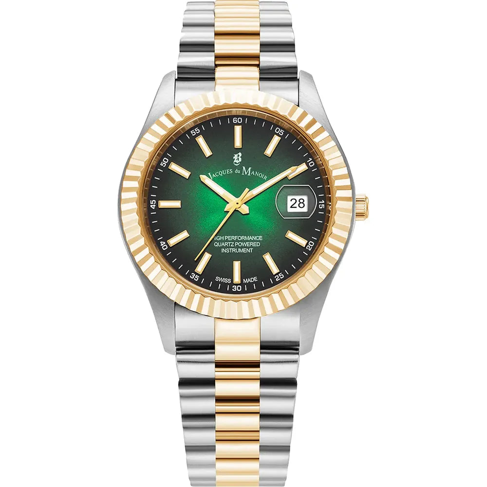 Uhr mit grünem Zifferblatt, zweifarbigem Gehäuse aus Edelstahl und Gold, Datumsanzeige, Edelstahl-Armband