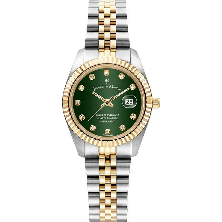 De Jacques Du Manoir Inspiration 31mm is een luxe dameshorloge met een tweekleurige zilveren en gouden metalen band, gouden lunette, groene wijzerplaat met gouden uurmarkeringen, datum op 3 uur, quartz uurwerk en een verfijnde kast van 31mm.