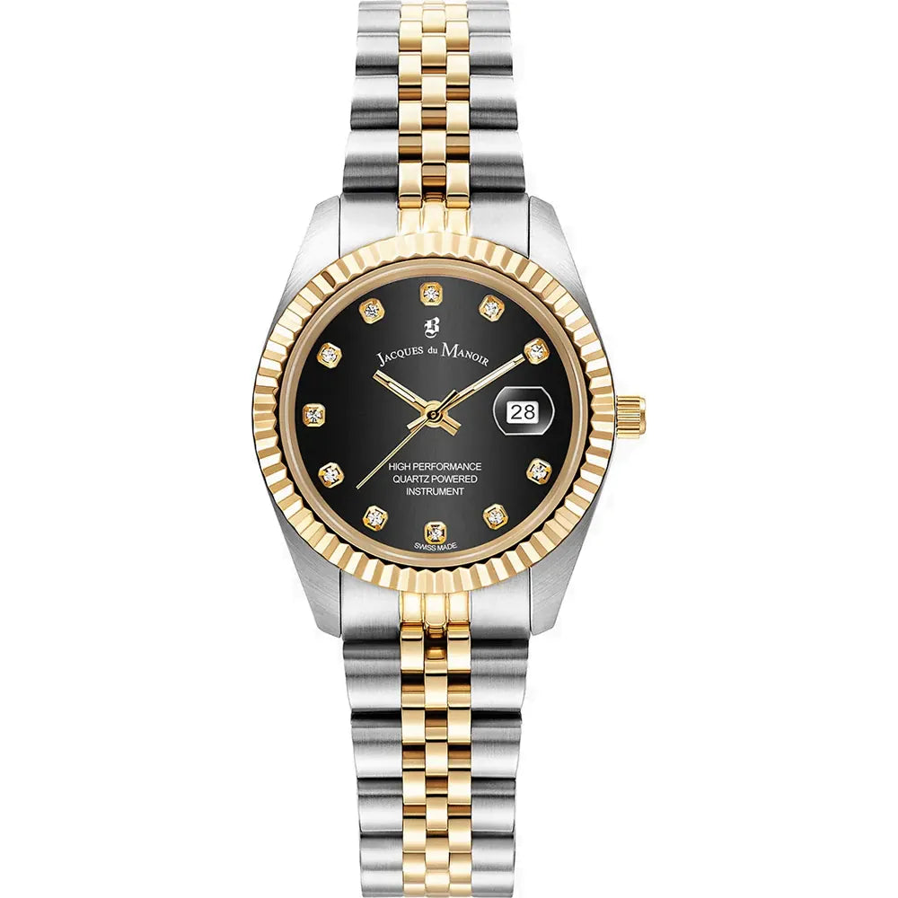 Uhr mit schwarzem Zifferblatt, goldener Lünette und zweifarbigem Armband aus Edelstahl.