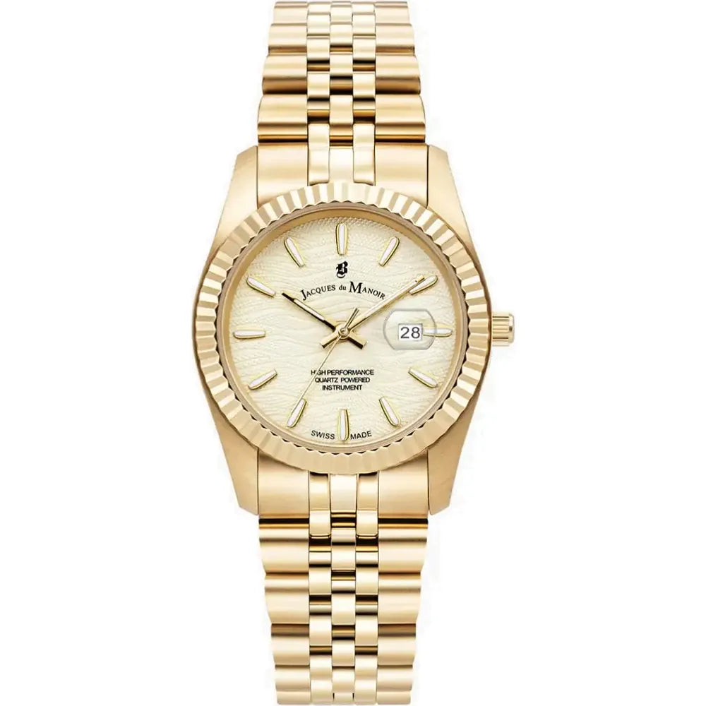 Uhr mit goldfarbenem Gehäuse, goldenem Armband und hellem Zifferblatt mit Datumsanzeige
