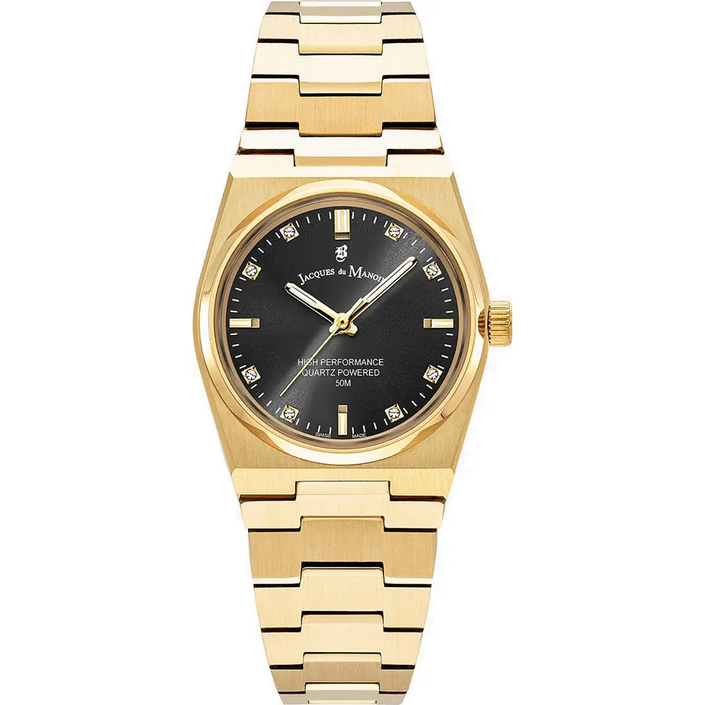 Damenarmbanduhr mit schwarzem Zifferblatt und goldfarbenem Gehäuse sowie goldfarbenem Armband
