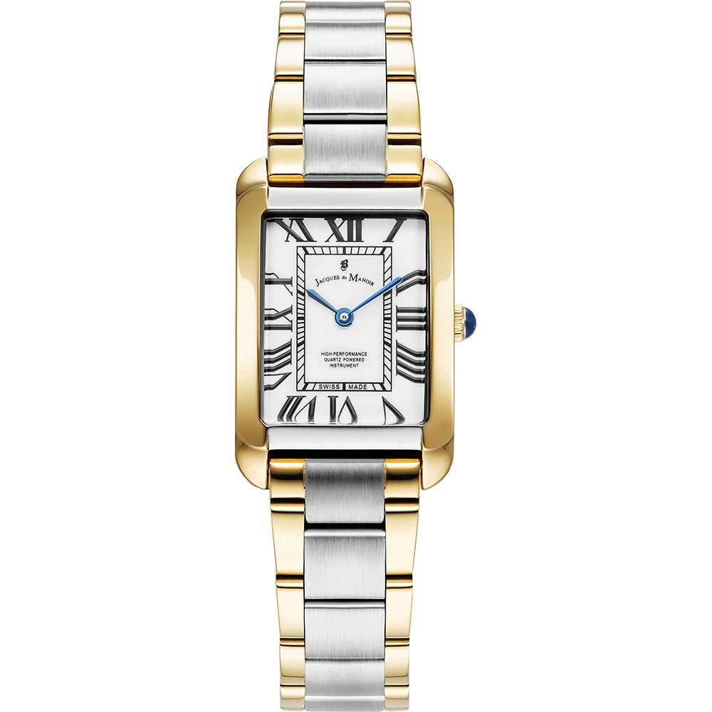 Quarzuhr mit rechteckigem Gehäuse, silbernem und goldenem Armband sowie weißem Zifferblatt mit römischen Ziffern