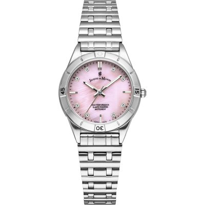 Uhr mit silbernem Gehäuse, pinkem Zifferblatt und silbernem Mesh-Armband