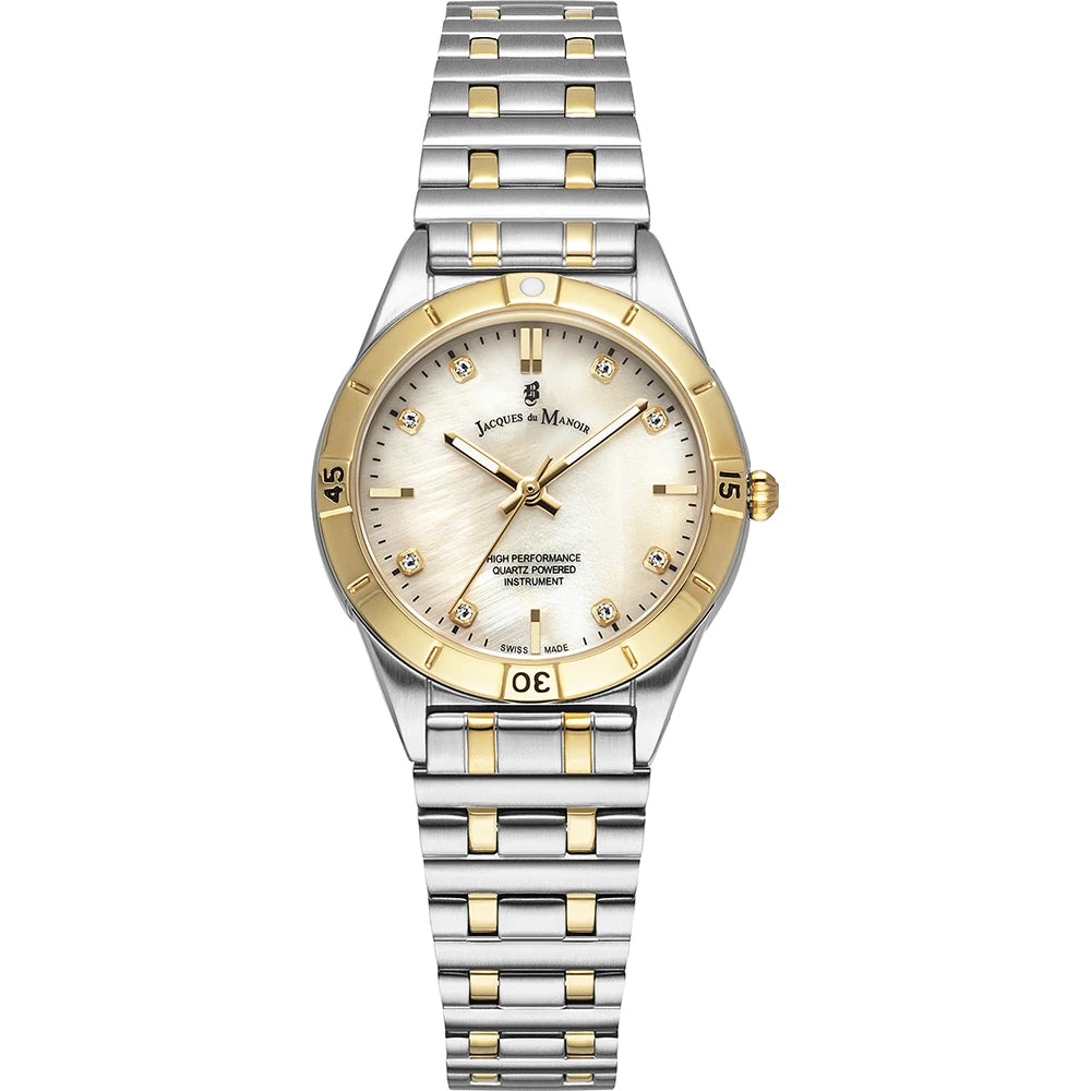 Uhr mit silbernem und goldenem Gehäuse, beigem Zifferblatt und Edelstahl-Mesh-Armband