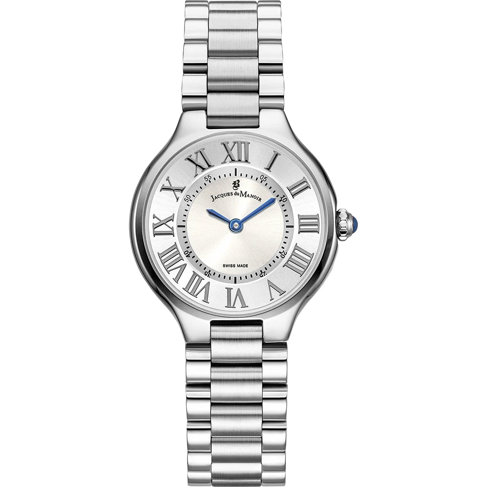 Uhr mit silbernem Gehäuse und Armband, mit weißem Zifferblatt und römischen Ziffern