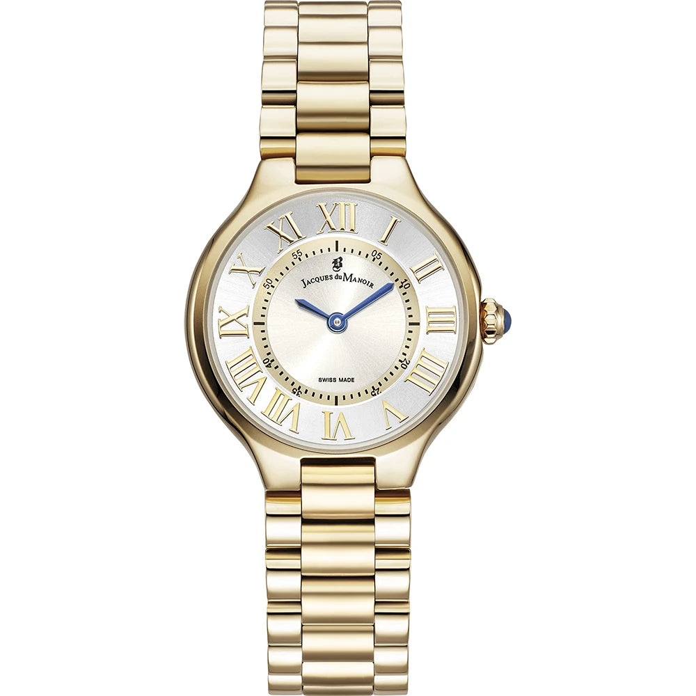 Uhr mit goldenem Gehäuse, silbernem Zifferblatt und römischen Ziffern, Armband aus goldfarbenem Metall.