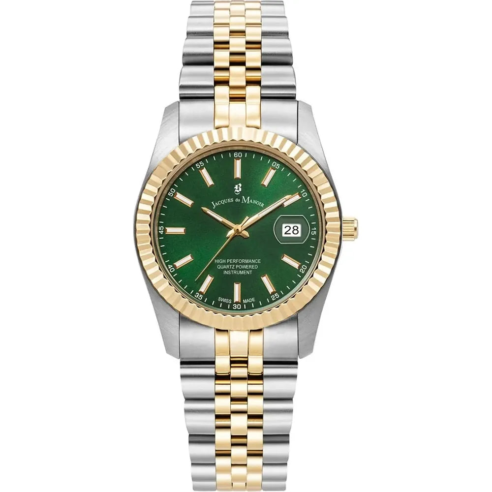 Uhr mit grünem Zifferblatt, Edelstahl-Gehäuse, goldfarbener Lünette und zweifarbigem Armband