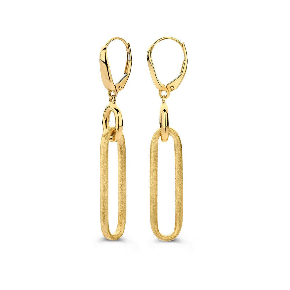 Gelbgoldene Ohrhänger mit matten goldenen Elementen in ovaler Form