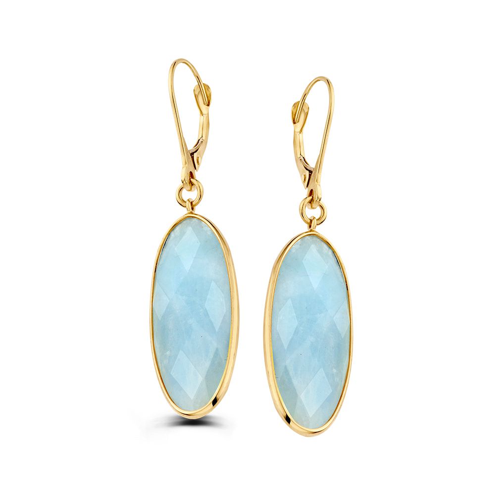 Ohrhänger aus 14 Karat Gold mit ovalen Aquamarinen, 44 mm lang, in hellblauer Farbe