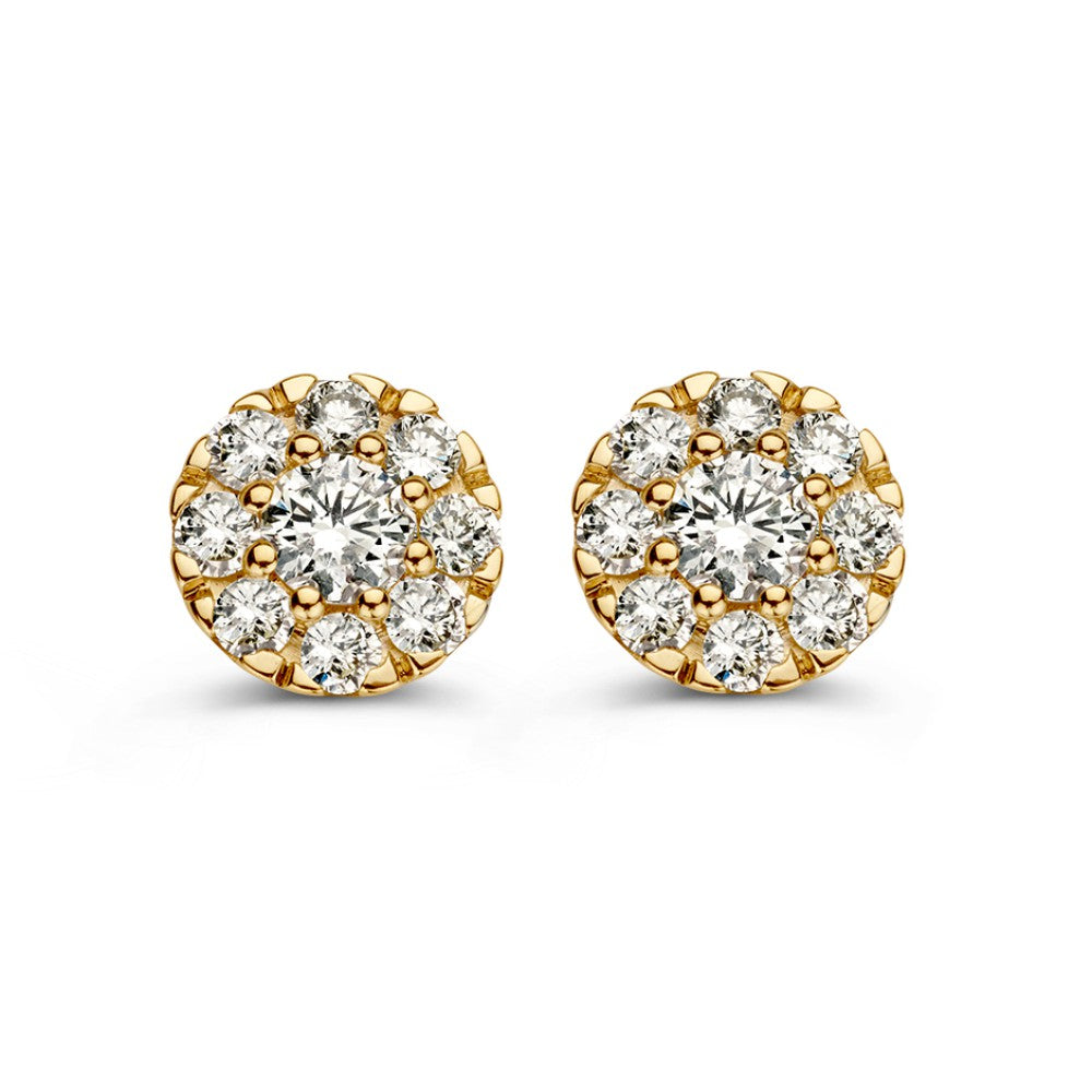 Gelbgoldene Ohrstecker mit Diamanten in Entourage-Fassung, 0,80 ct, runde Form mit funkelnden Steinen