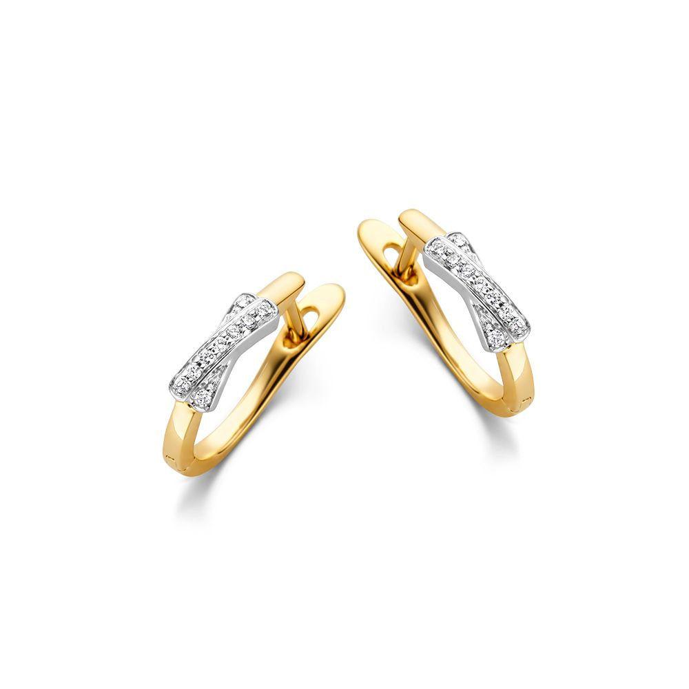 Bicolor 14-karätige Ohrringe aus Weiß- und Gelbgold mit Diamanten in X-förmiger Fassung