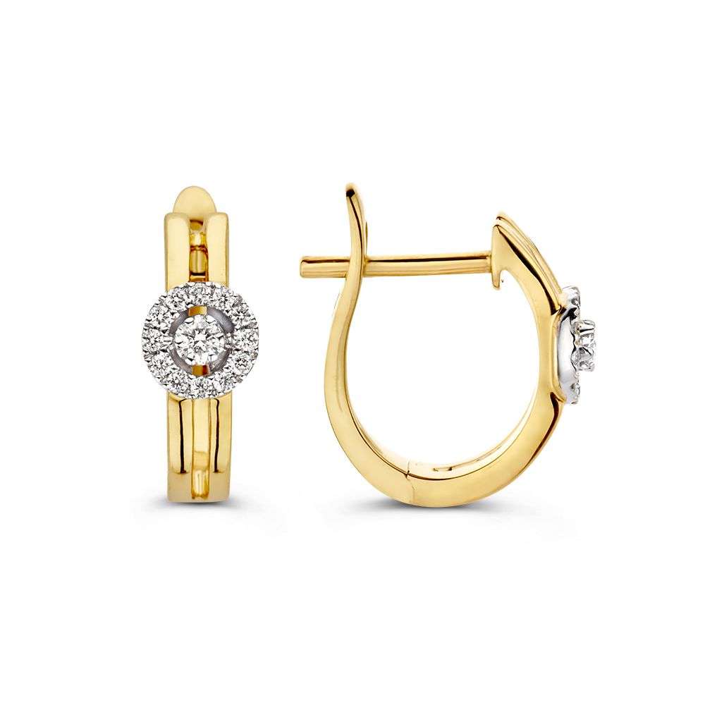 Bicolor Ohrringe aus Gelb- und Weißgold mit Diamanten in Entourage-Z setting, 14 Karat, 0,14 Karat Diamanten