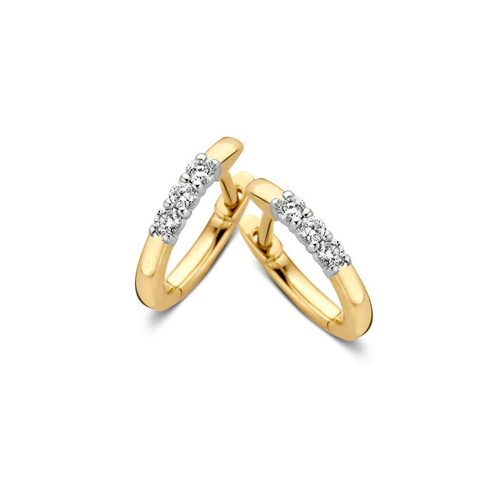 Bicolor Geel- en Witgouden Oorringen met Drie Diamanten – 14 Karaat Oorringen met 0.15 Carat Diamanten