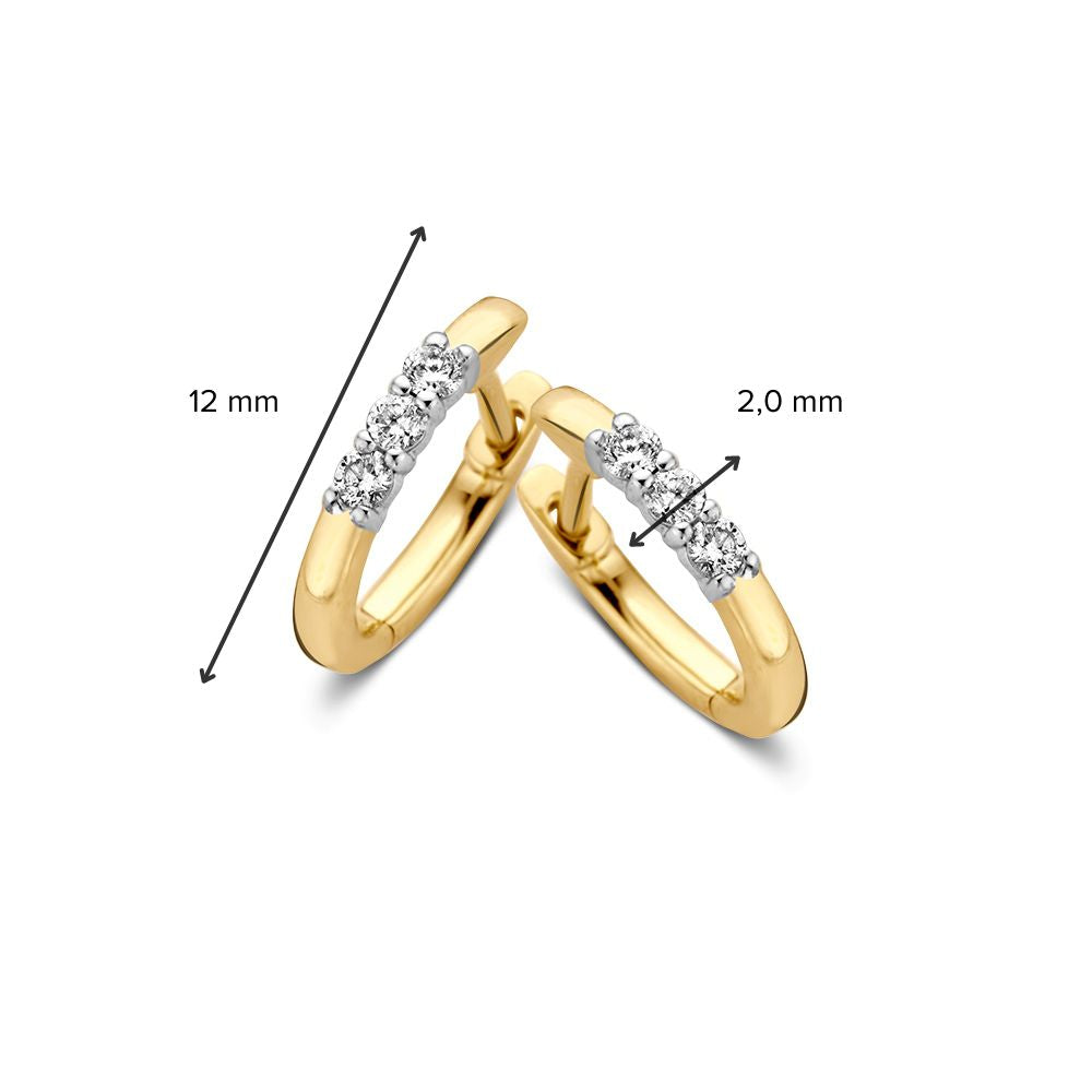 Bicolor-Ohrringe aus Gelb- und Weißgold mit drei Diamanten – 14 Karat Ohrringe mit 0.15 Karat Diamanten