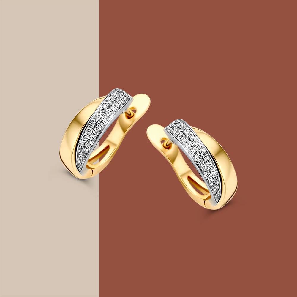 Bicolor-Ohrringe aus Gelb- und Weißgold mit Diamant im Pavé – 14 Karat Ohrringe mit 0,20 Karat Diamant