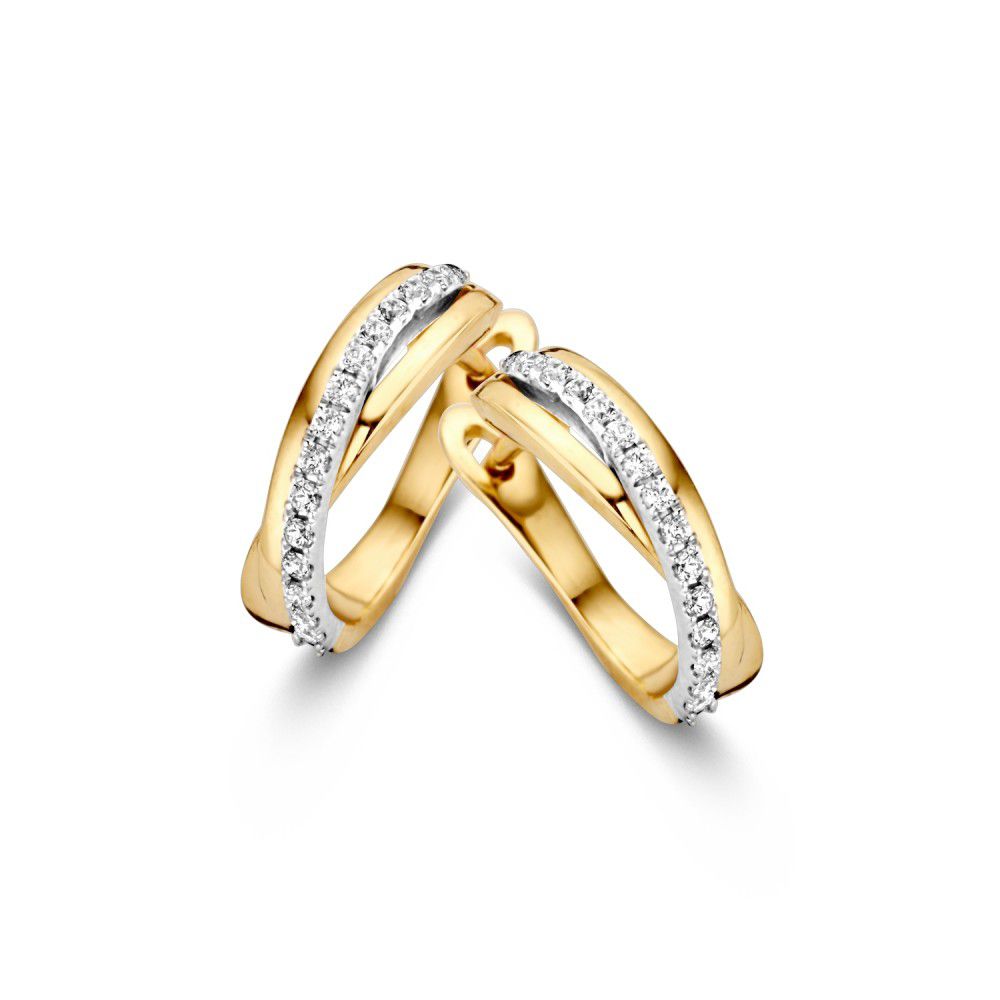 Bicolor Ohrringe aus 14 Karat Gold mit Zirkonia, geschwungene Form und mehrere Reihen Steine