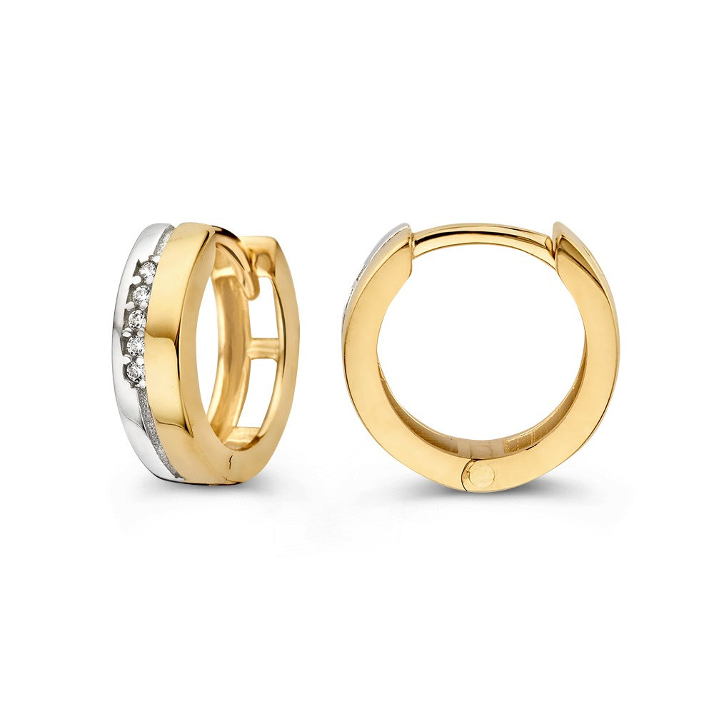 Bicolor Weiß- und Gelbgold Ohrringe mit fünf Zirkonia – Schlichte und elegante Creolen