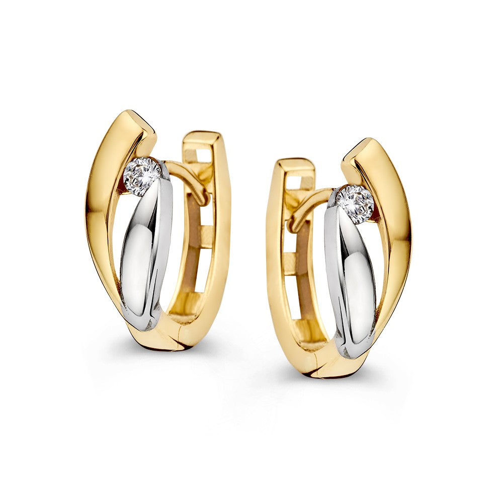 Bicolor Ohrringe aus 14 Karat Weiß- und Gelbgold mit Zirkonia, geschwungene Form und glänzende Oberfläche