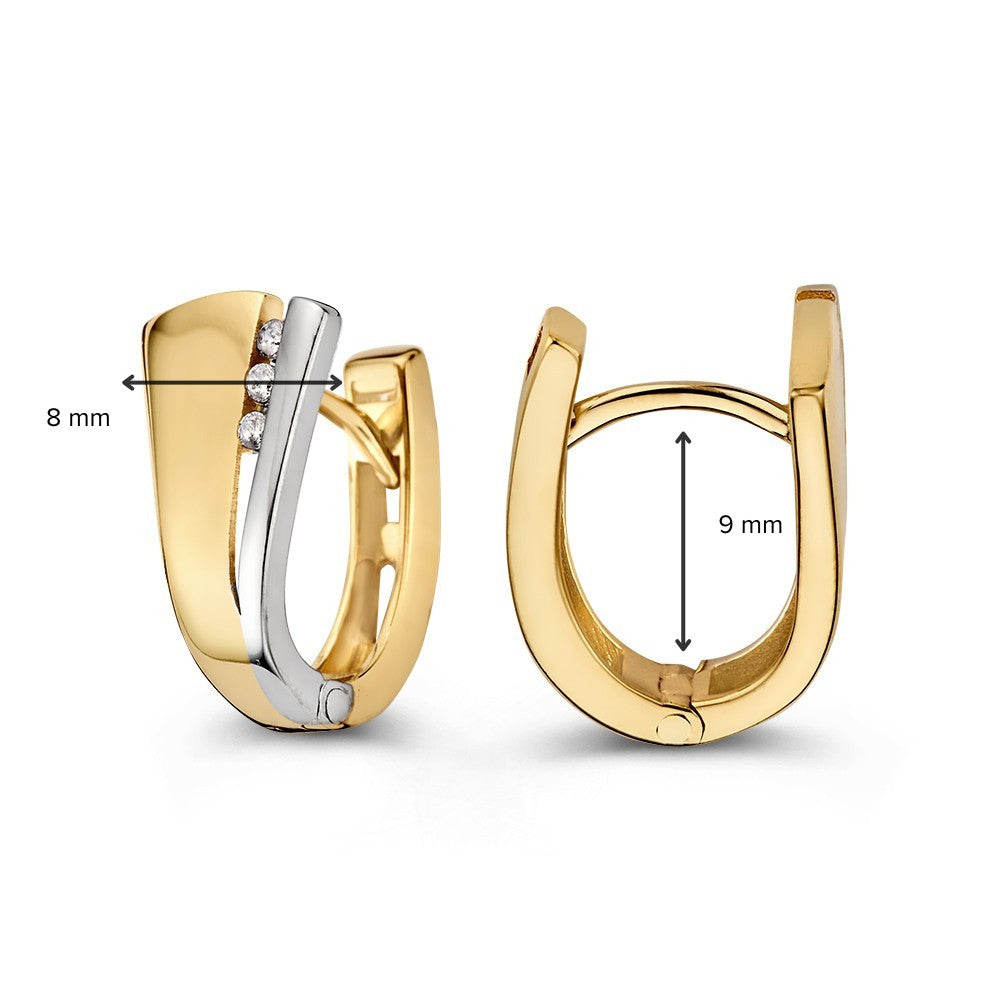 Bicolor-Ohrringe aus Weiß- und Gelbgold mit drei Zirkonia – Elegante Creolen mit abgesenktem Stecker