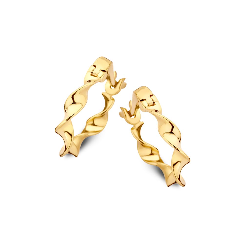 Gelbgoldene Ohringe mit gedrehtem Design und glänzender Oberfläche