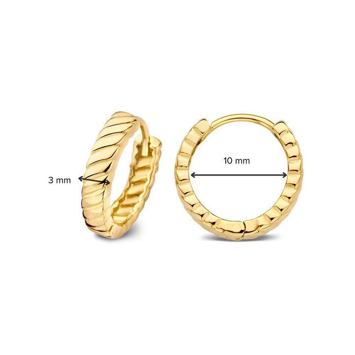 Twee 14 karaat geelgouden oorringen van Excellent Jewelry, Van der Kooij collectie, met gestreept patroon. Ze zijn 3 mm dik en 10 mm in diameter en gepresenteerd tegen een witte achtergrond.