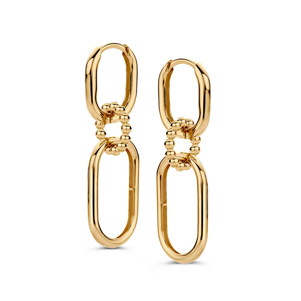 Gelbgoldene Ohrringe mit auffälligen Gliederelementen und einer robusten, eleganten Form