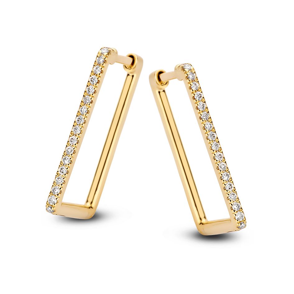 Stilvolle, rechte, gelbgoldene Ohrringe mit Diamanten im klaren, rechteckigen Design