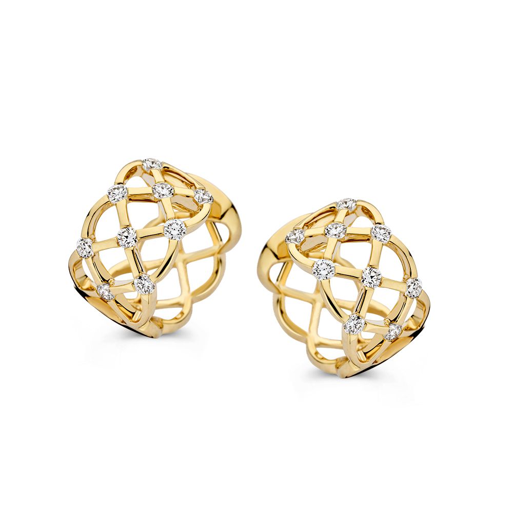 Gelbgoldene Ohrringe mit gewobenem Muster und Diamanten, insgesamt 0,44 ct.