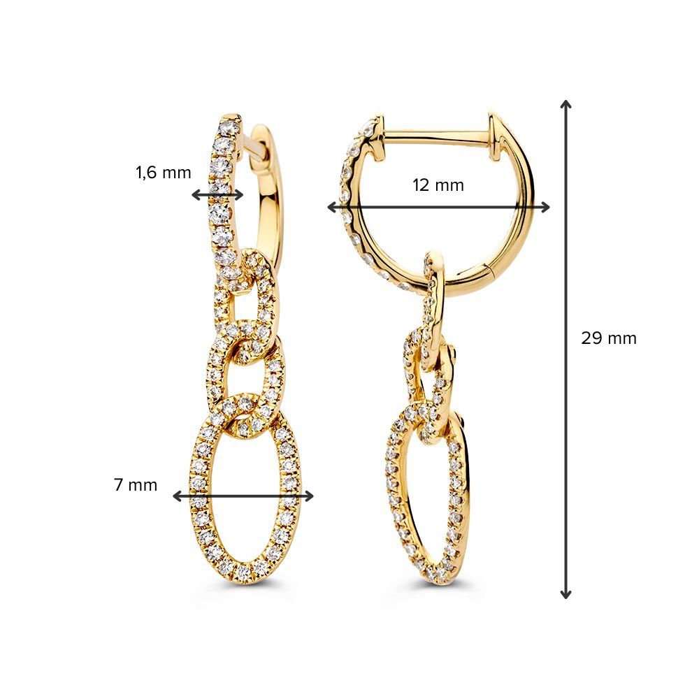 Opvallende Geelgouden Oorringen met Geschakelde Hangers en Fonkelende Diamanten 0,50 crt.