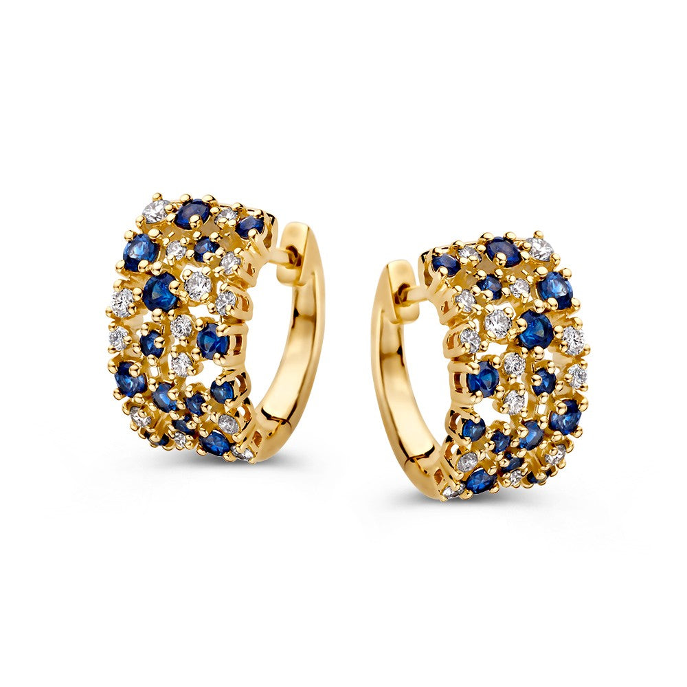 Elegante Ohringe aus Gelbgold mit blauen Saphiren und funkelnden Diamanten