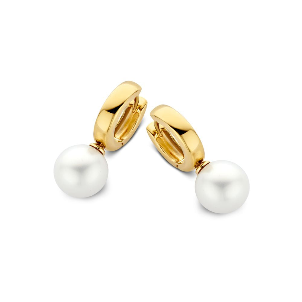Elegante Ohrhänger aus Gelbgold mit runden, weißen Perlen