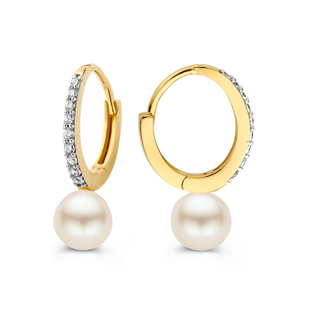 14K Gelbgold Ohrringe mit Perle und Zirkonia – Elegante Ohrhänger für Damen