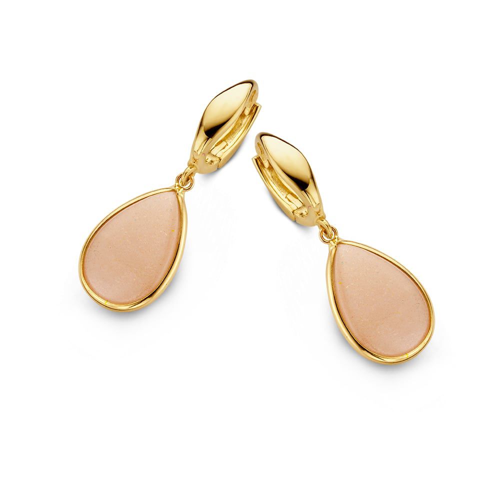 Geelgouden Oorringen met Roze Maansteen Aanhangers – Een Subtiele, Betoverende Look