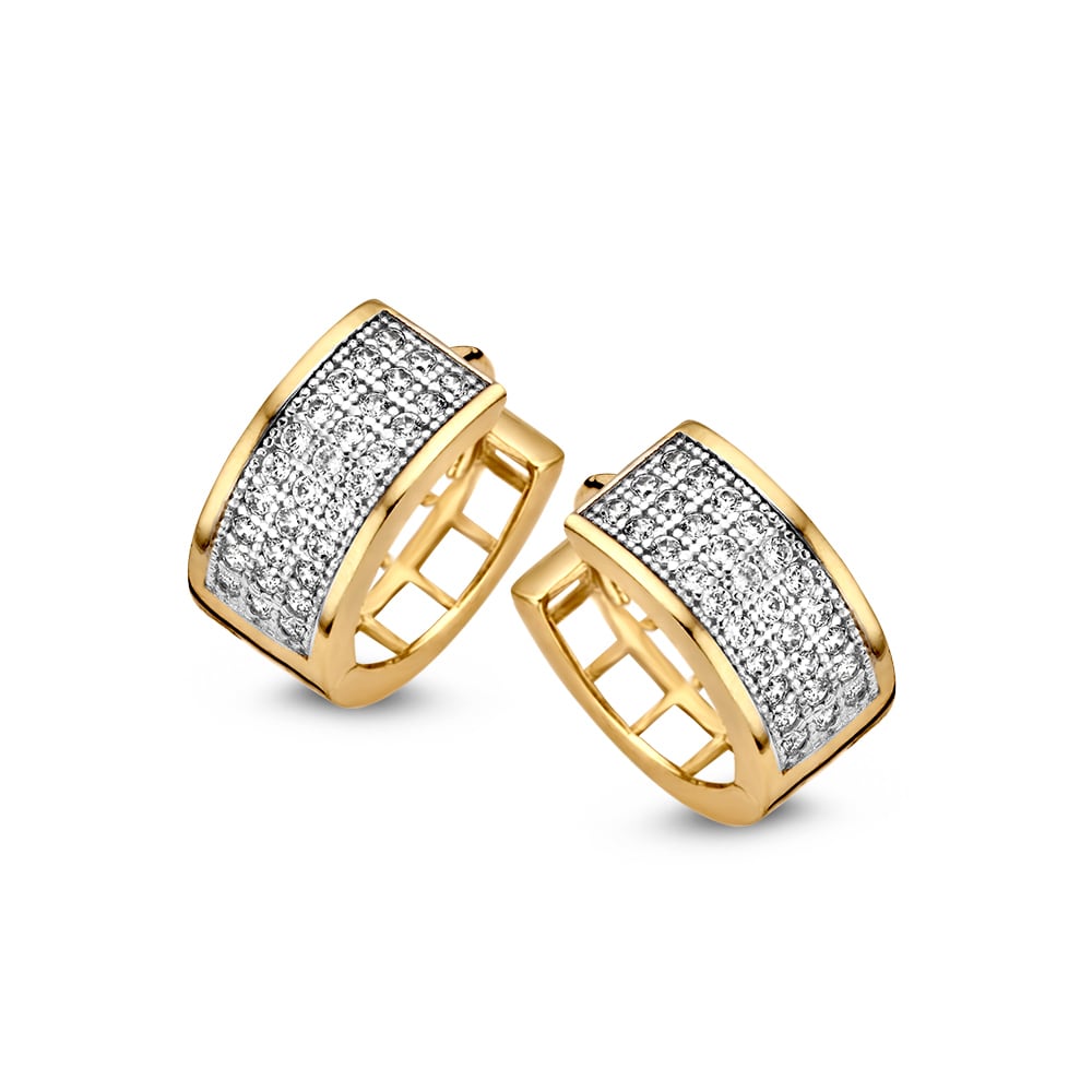 Breite Ohrhänger aus Gelbgold mit Zirkonia in Pavéfassung, glänzende Oberfläche und moderne Form
