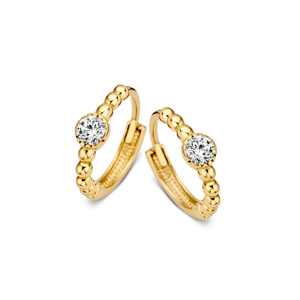 Gelbgoldene Creolen mit goldenen Kugeln und Zirkonia-Steinen