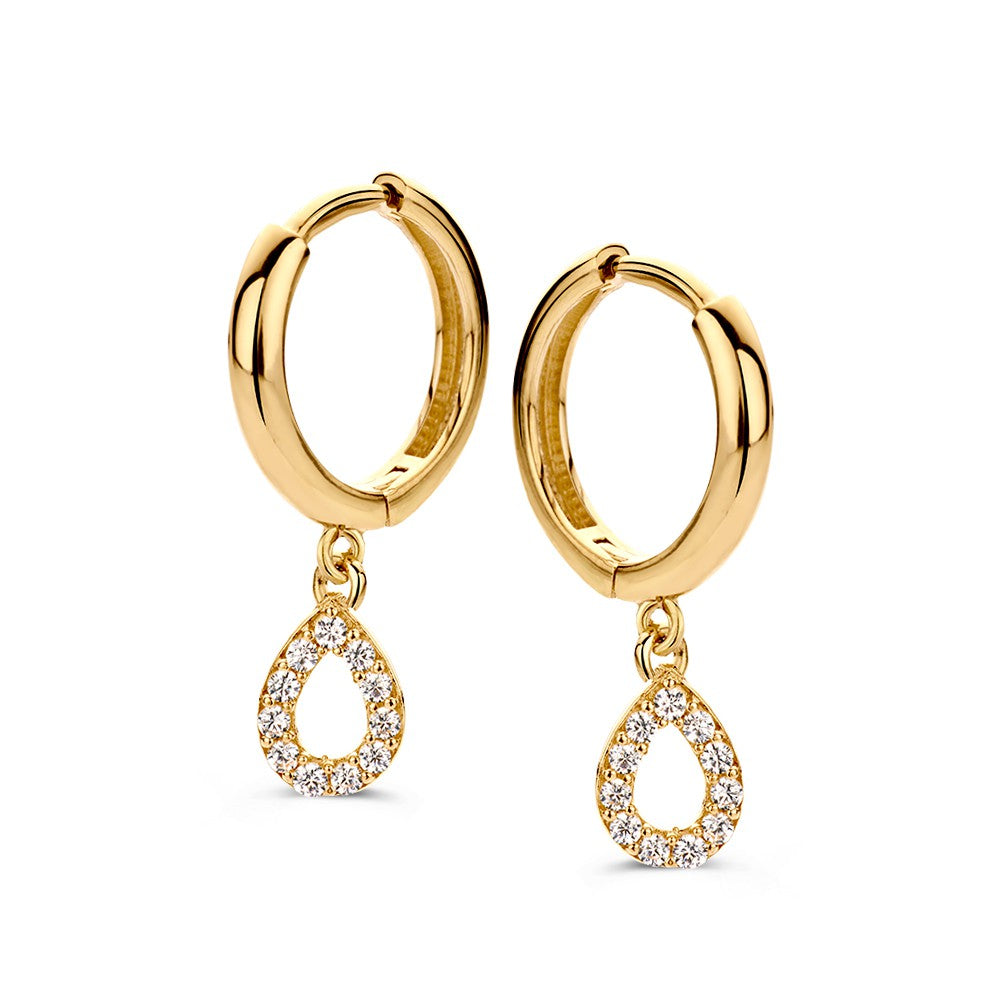 Elegante Ohrhänger aus Gelbgold mit spielerischen tropfenförmigen Anhängern und Zirkonia.