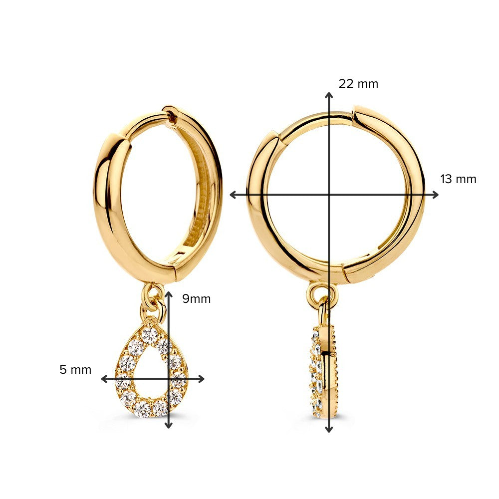 Elegante Geelgouden Oorringen met Speelse Druppelvormige Oorbedels en Zirkonia's