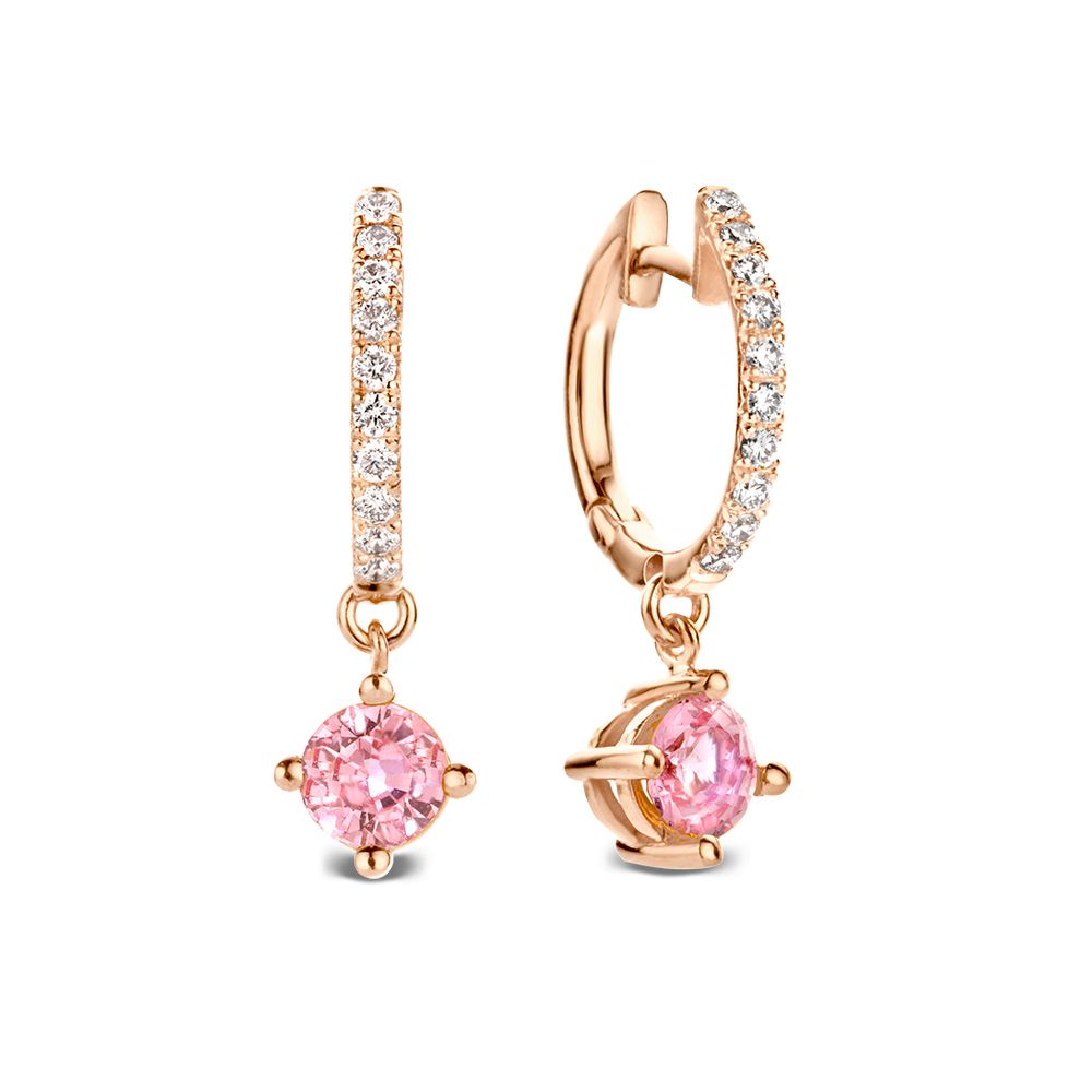 Roségoldene Ohrhänger mit Diamanten und rosa Saphiren, runde Form und funkelnde Details