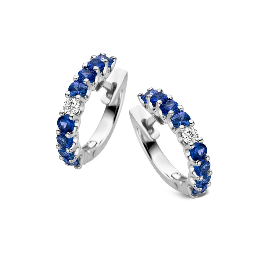 18kt Weißgold-Ohringe mit blauen Saphiren und Diamanten, kreisförmiges Design mit funkelnden Steinen
