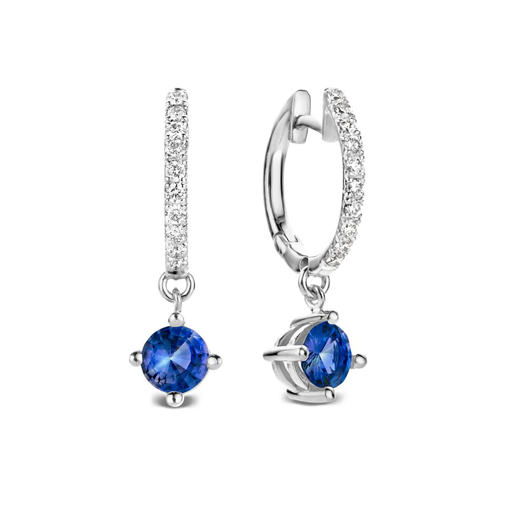 18kt Weißgold-Ohringe mit blauen Saphiren und Diamanten, runde Saphire und funkelnde Diamanten